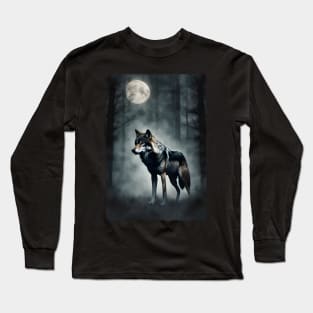Mysterious Wolf in the Foggy Dark Forest Vintage Long Sleeve T-Shirt